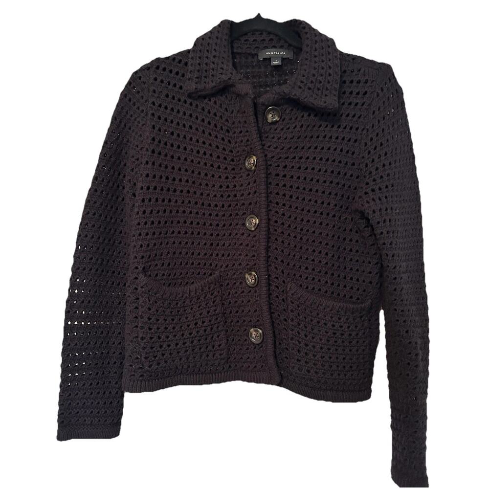Ann Taylor Black Crochet Open Knit Button Front Cardigan Sweater Small